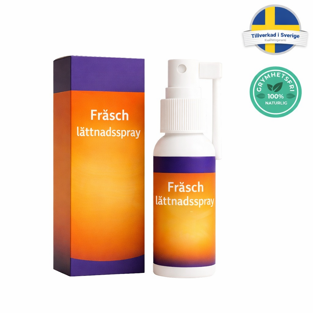 Fräsch lättnadsspray i en vit flaska med en orange och lila förpackning, designad för att förbättra hudens utseende.