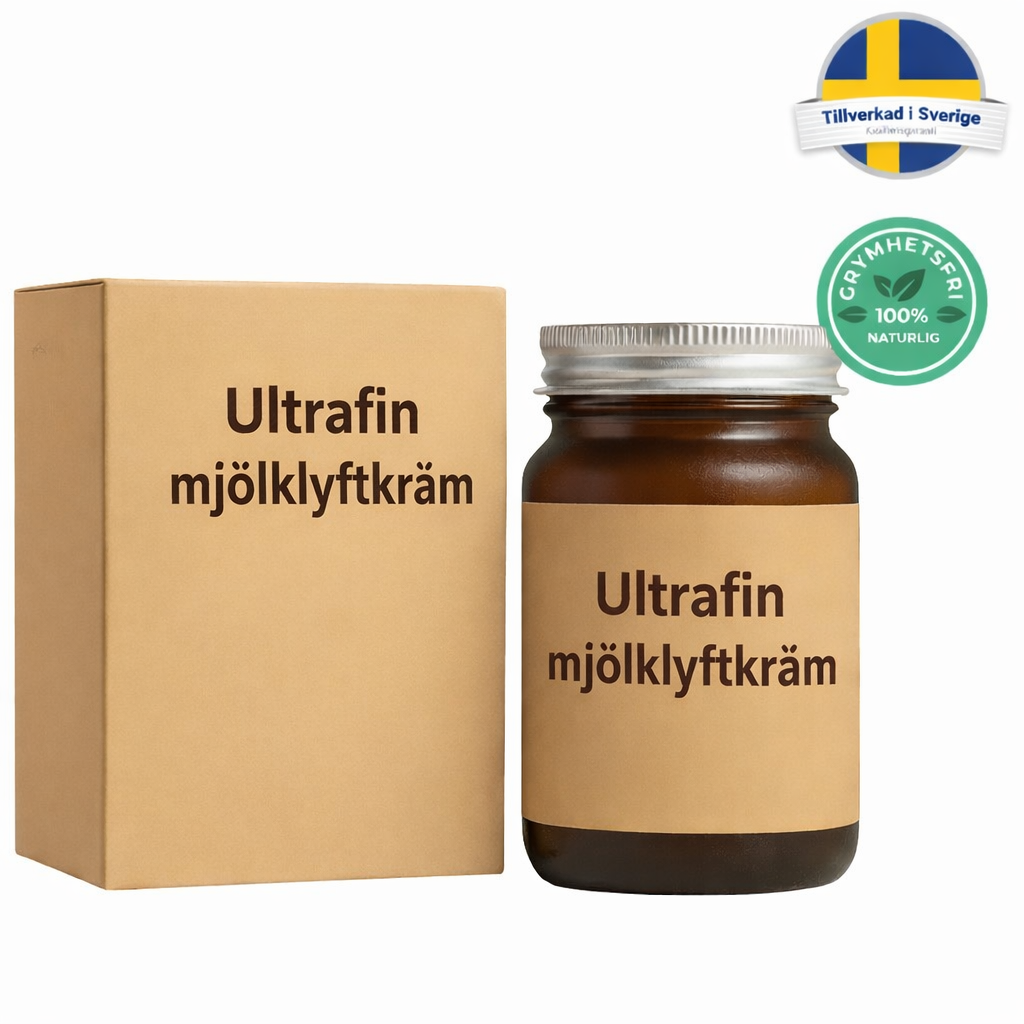 Ultrafin mjölklyftkräm in jar and packaging, natural ingredients for skin care, promotes even skin tone.