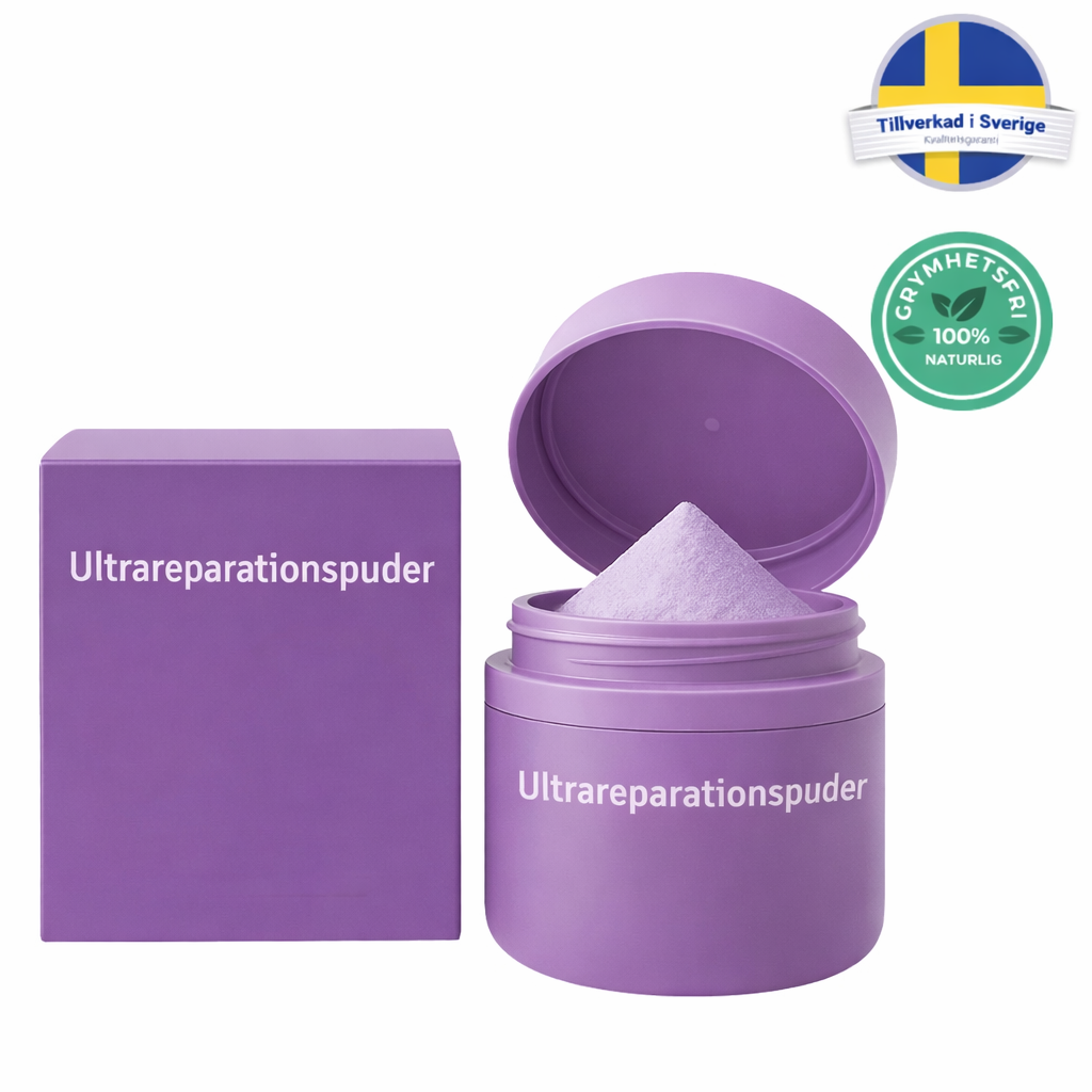 Ultrareparationspuder tandvårdspulver i lila burk med öppen lock, för milt och effektivt tandvård