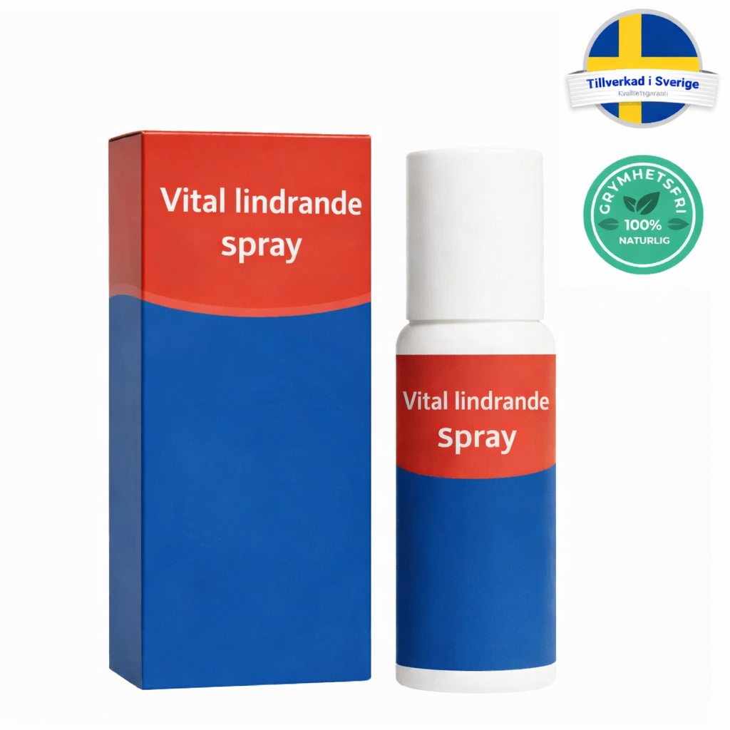 Vital lindrande spray in a blue and red packaging, designed for skincare routine.