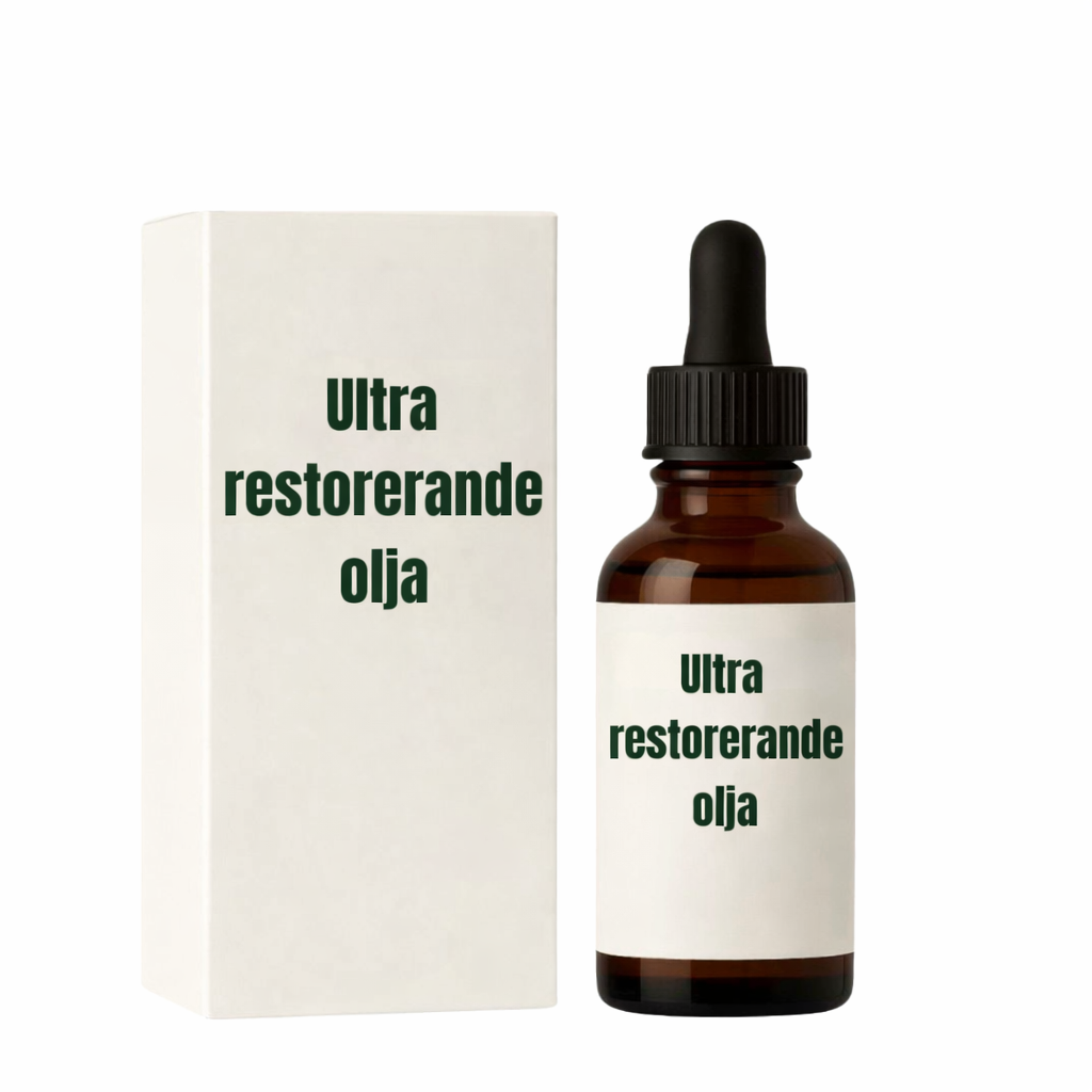 Flaska med Ultrarestorerande olja och förpackning, perfekt för hudvård och fuktgivande behandling.