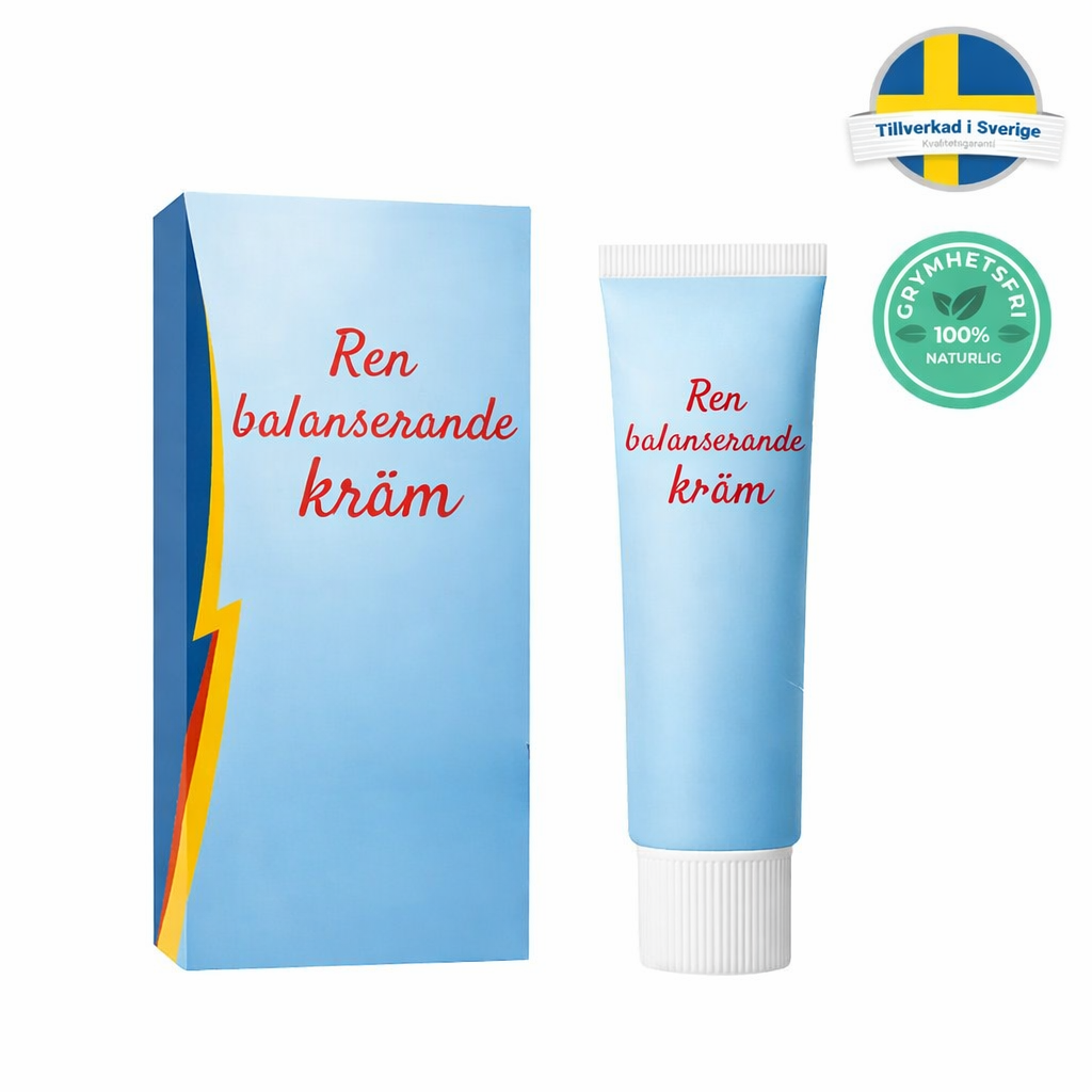 Ren balanserande kräm förpackning och tub, visar ett mjukt, polerat utseende för huden.