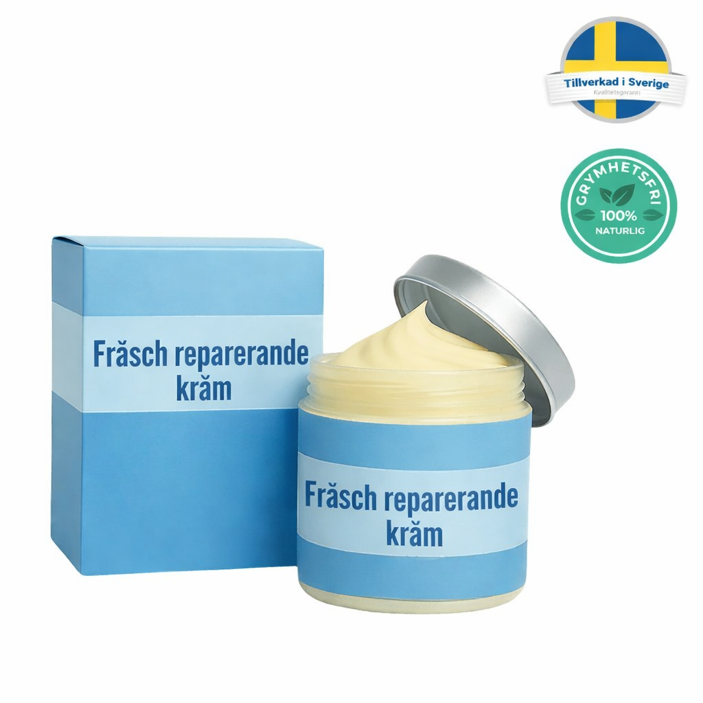 Fräsch reparerande kräm med förpackning, mjuk, lätt och naturlig hudvård för ben och kropp.