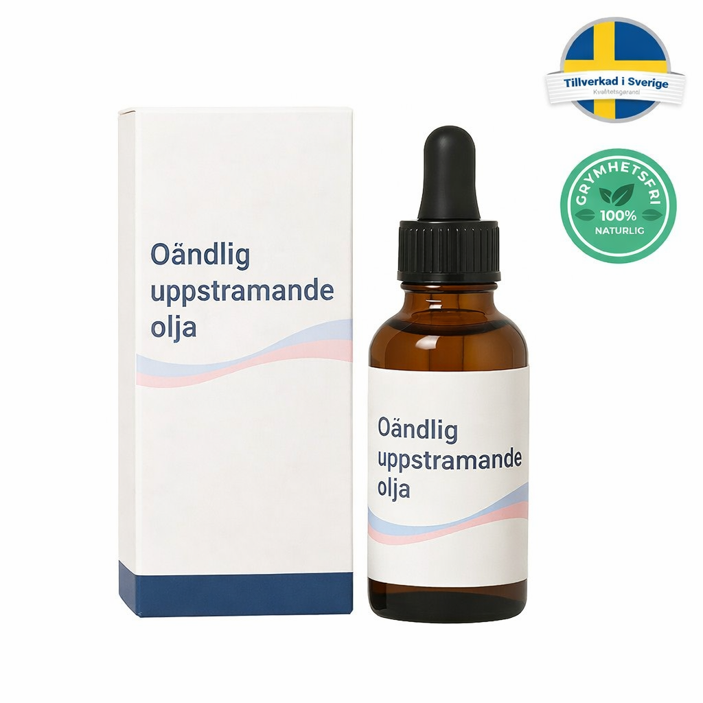 Oändlig uppstramande olja i glasflaska med pipett och vit förpackning, perfekt för daglig hudvård.
