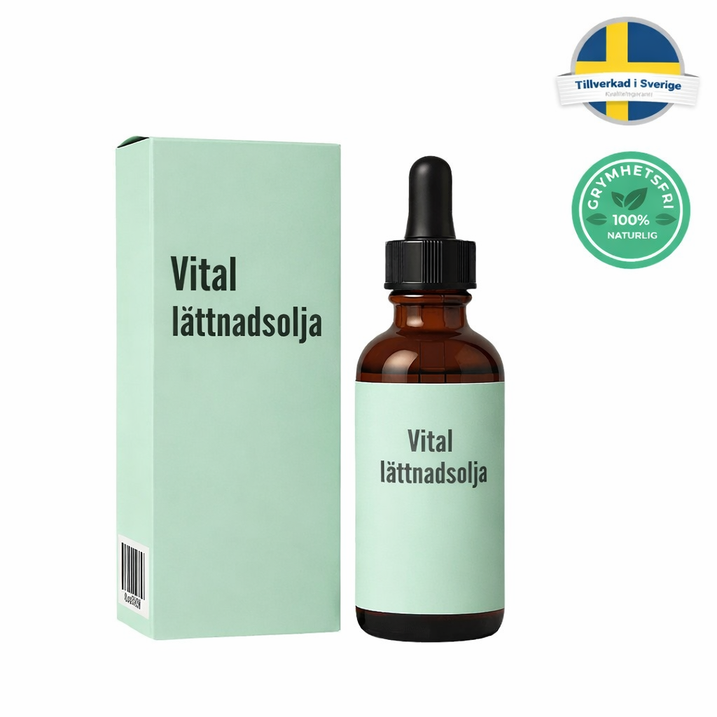 Flaska med Vital lättnads­olja och förpackning, perfekt för en slät hud- och hårfinish.
