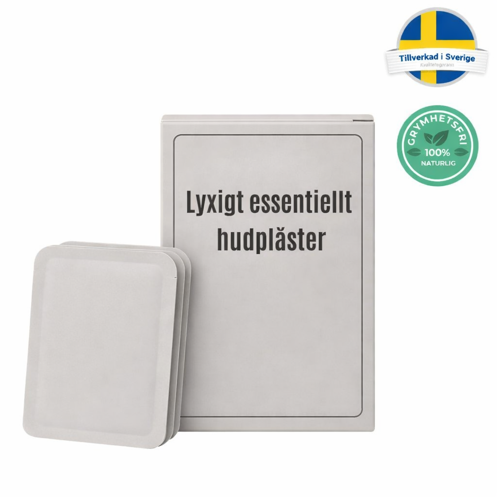 Lyxigt essentiellt hudplåster i förpackning med ett plåster synligt på sidan, 100% naturligt.