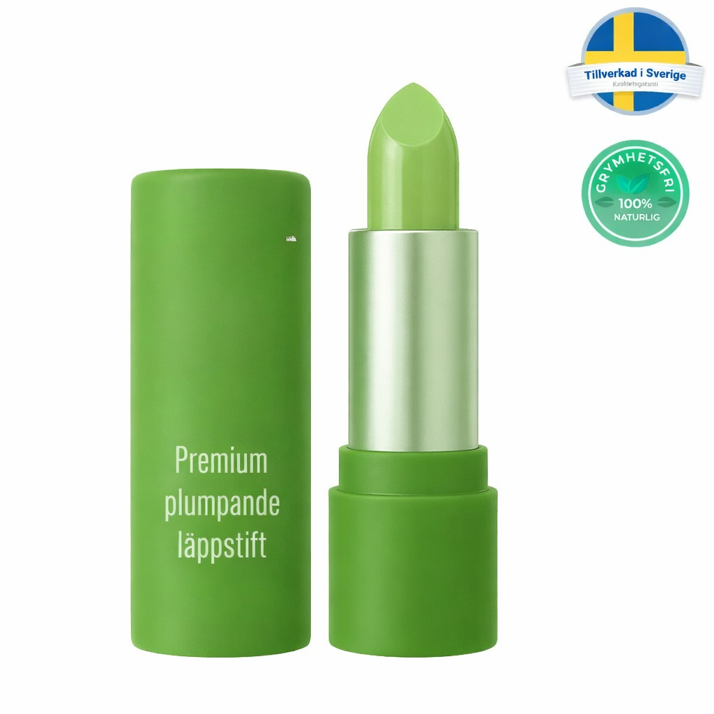 Premium plumpande läppstift i grön förpackning med en glansig läppstiftspenna.