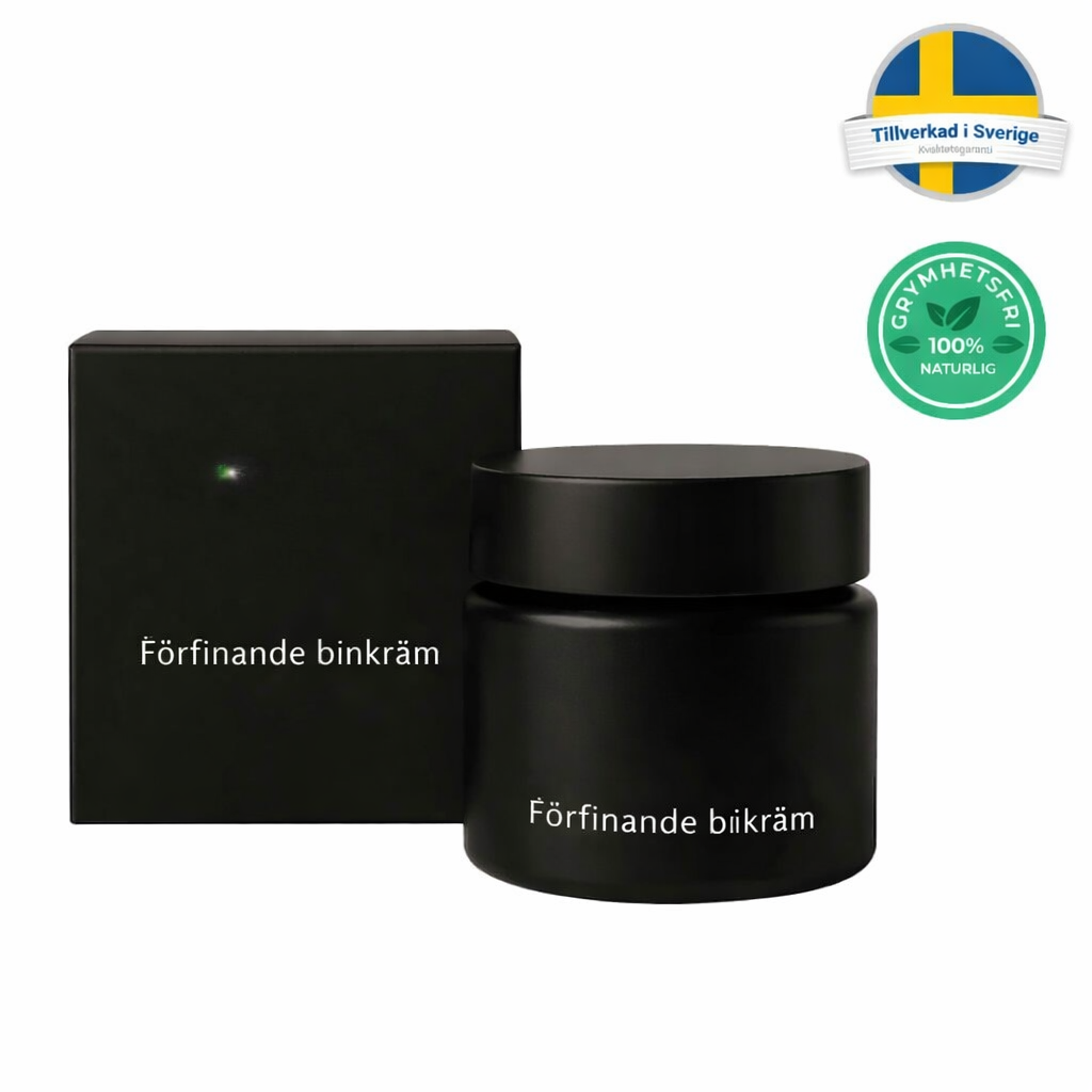 Förfinande binkräm i en svart burk med låda, designad för en slät och välvårdad hud.