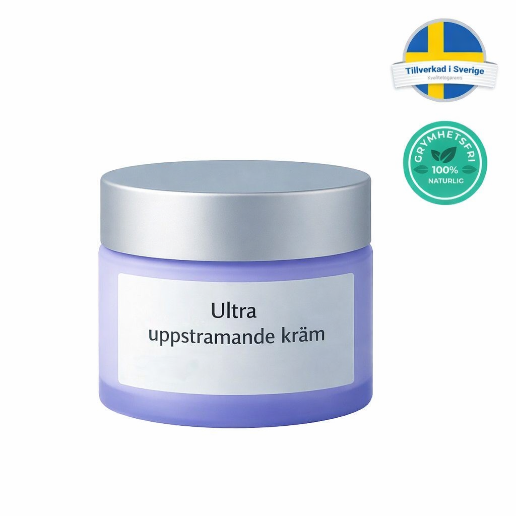 Ultra uppstramande kräm i elegant burk med silverlock för förbättrad hudhälsa och synliga resultat.