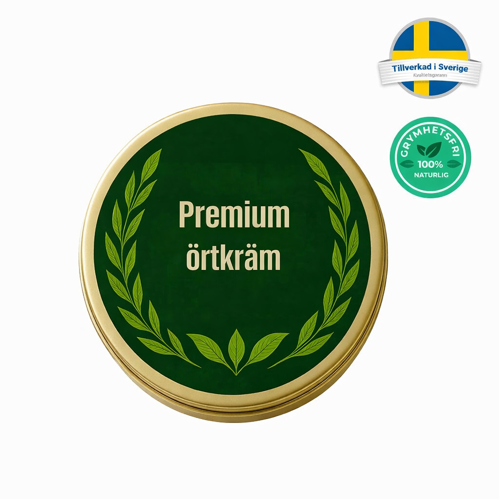 Premium örtkräm i en grön burk med naturliga ingredienser, perfekt för daglig hudvård.