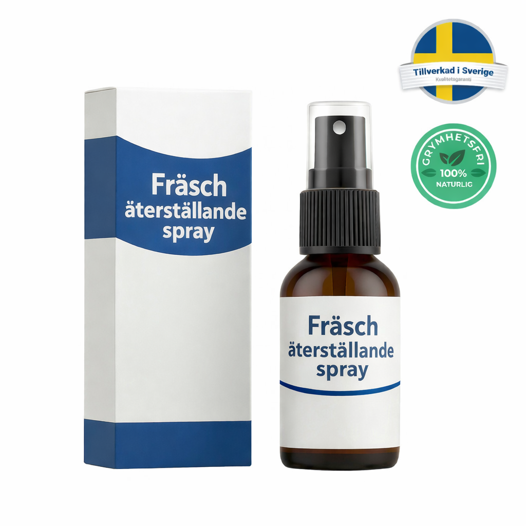 Fräsch återställande spray flaska och förpackning med svensk flagga och certifiering, 100% naturlig.