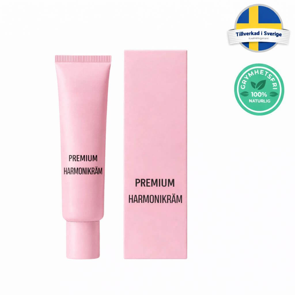 Premium harmonikräm i rosa förpackning med naturliga ingredienser och märkningar för kvalitet.