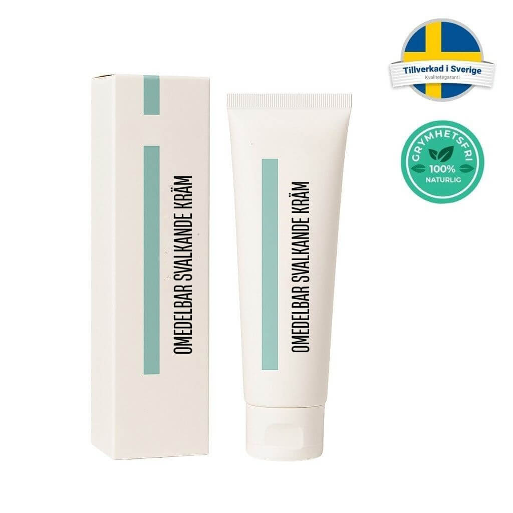 Omedelbar svalkande kräm i tub med förpackning, 100% naturlig hudvård för slät och välvårdad hud.
