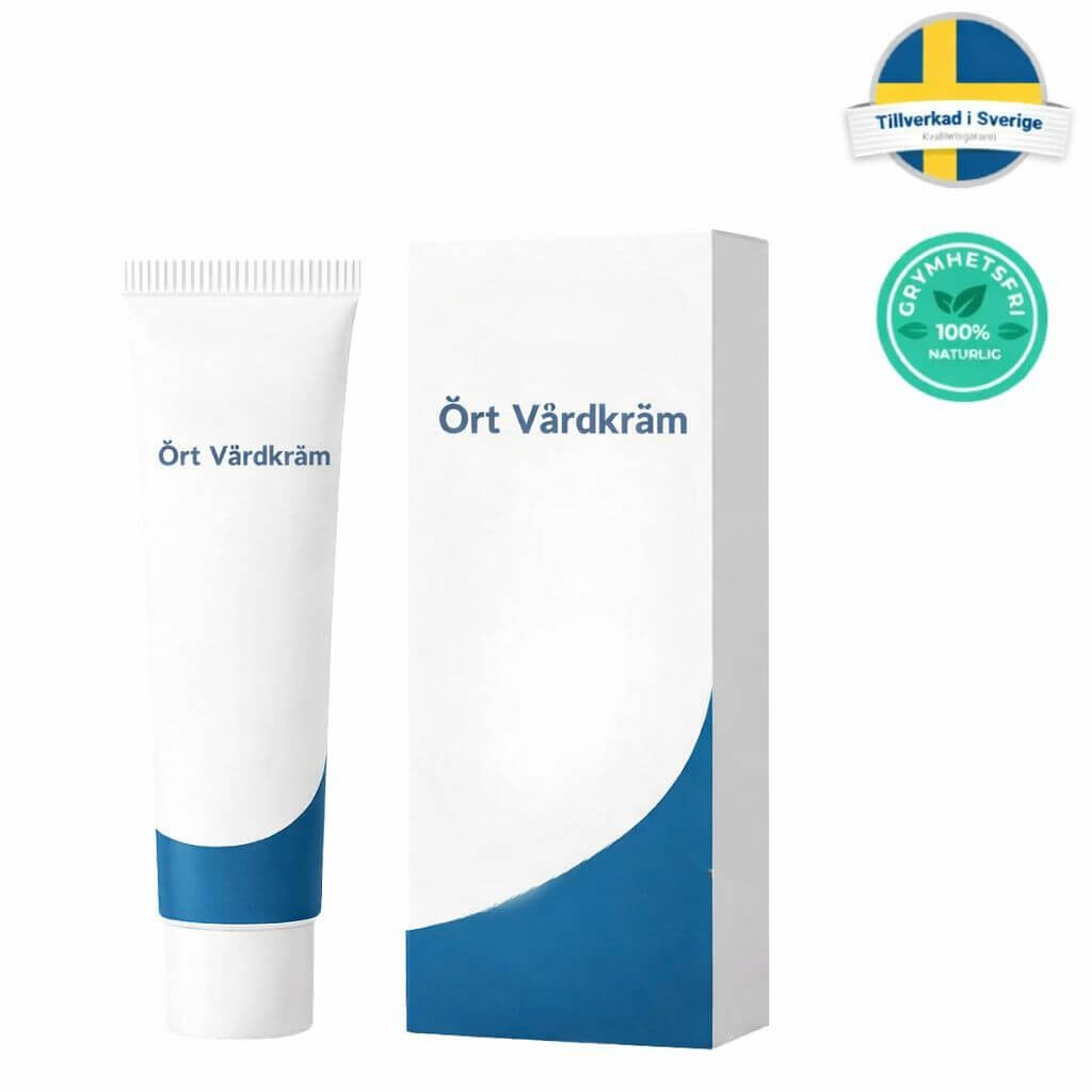 Ört Vårdkräm för en fräsch och jämn hudton, förpackning och tub i vitt och blått