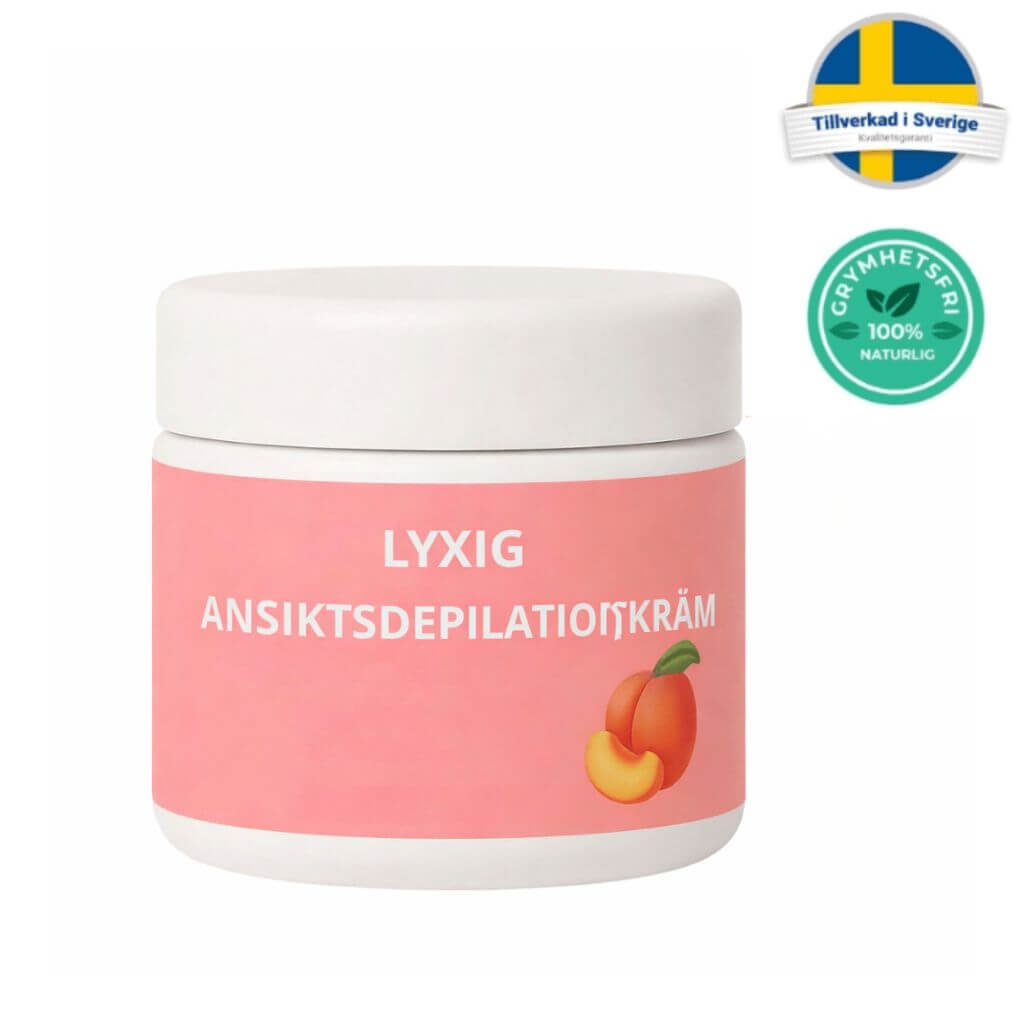 Lyxig ansiktsdepilationskräm i rosa burk med fruktillustration, för mjuk och slät hud.
