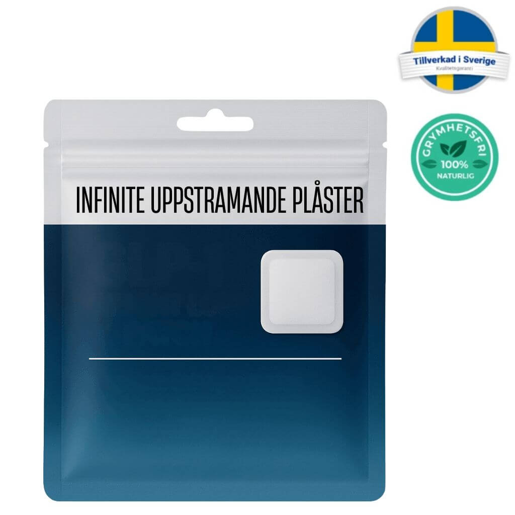 Förpackning av Infinite uppstramande plåster med skandinavisk design och miljömärkning.