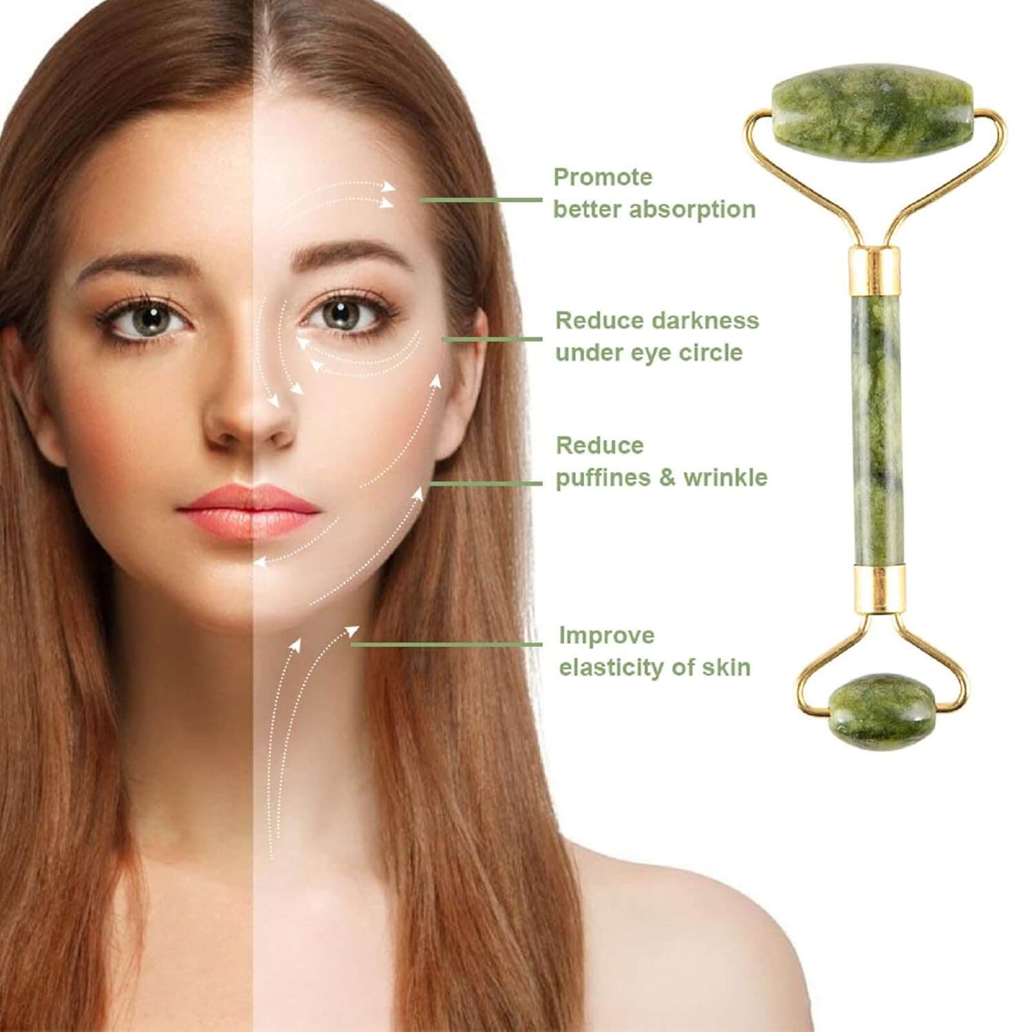 Axiva JadeRoller – Ansiktsmassager i Natursten visar effekt av ansiktsmassage med jade på hy och rynkor.