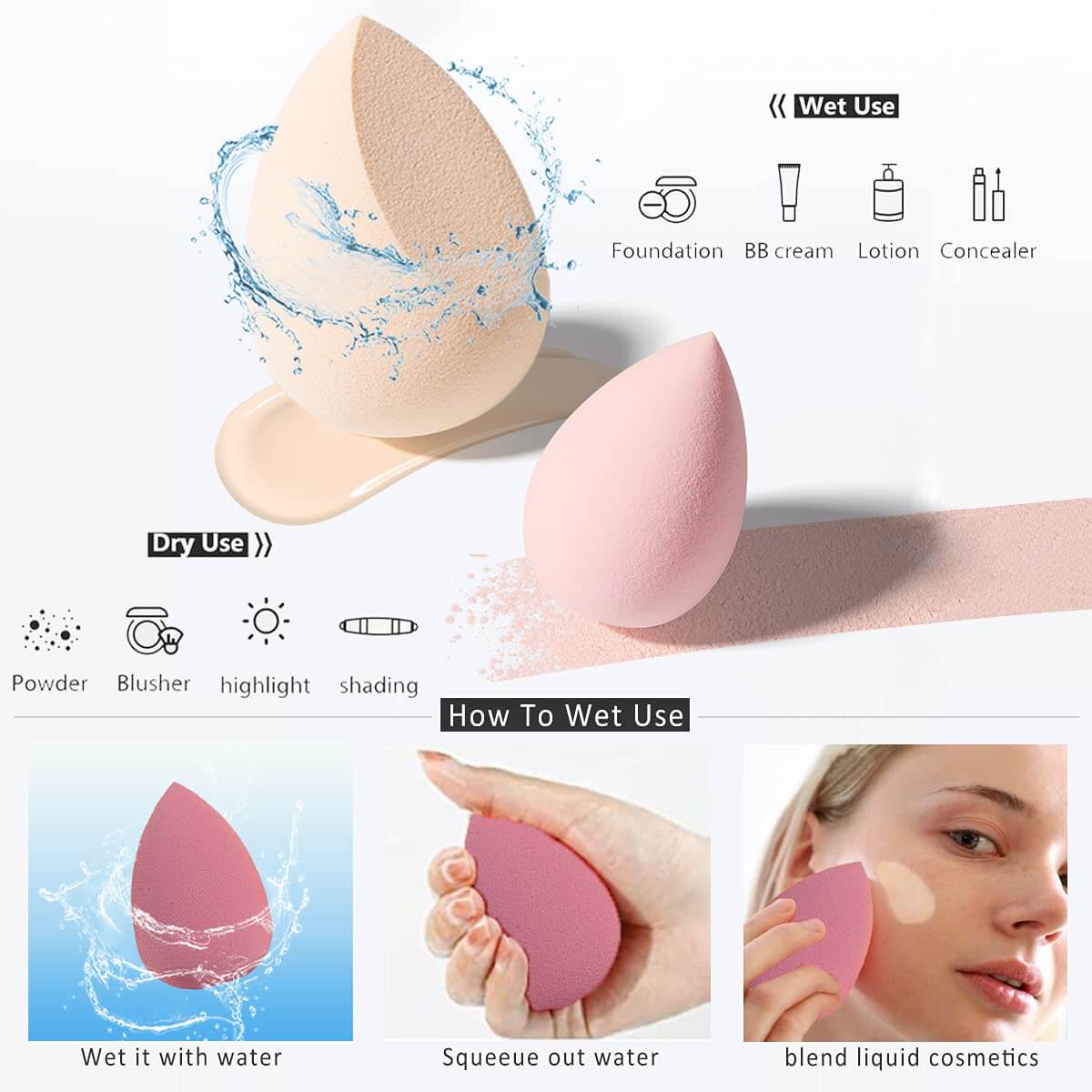 Axiva Makeup Sponge Set – 5-dels Blender Kit showing wet and dry use applications for foundation and concealer.