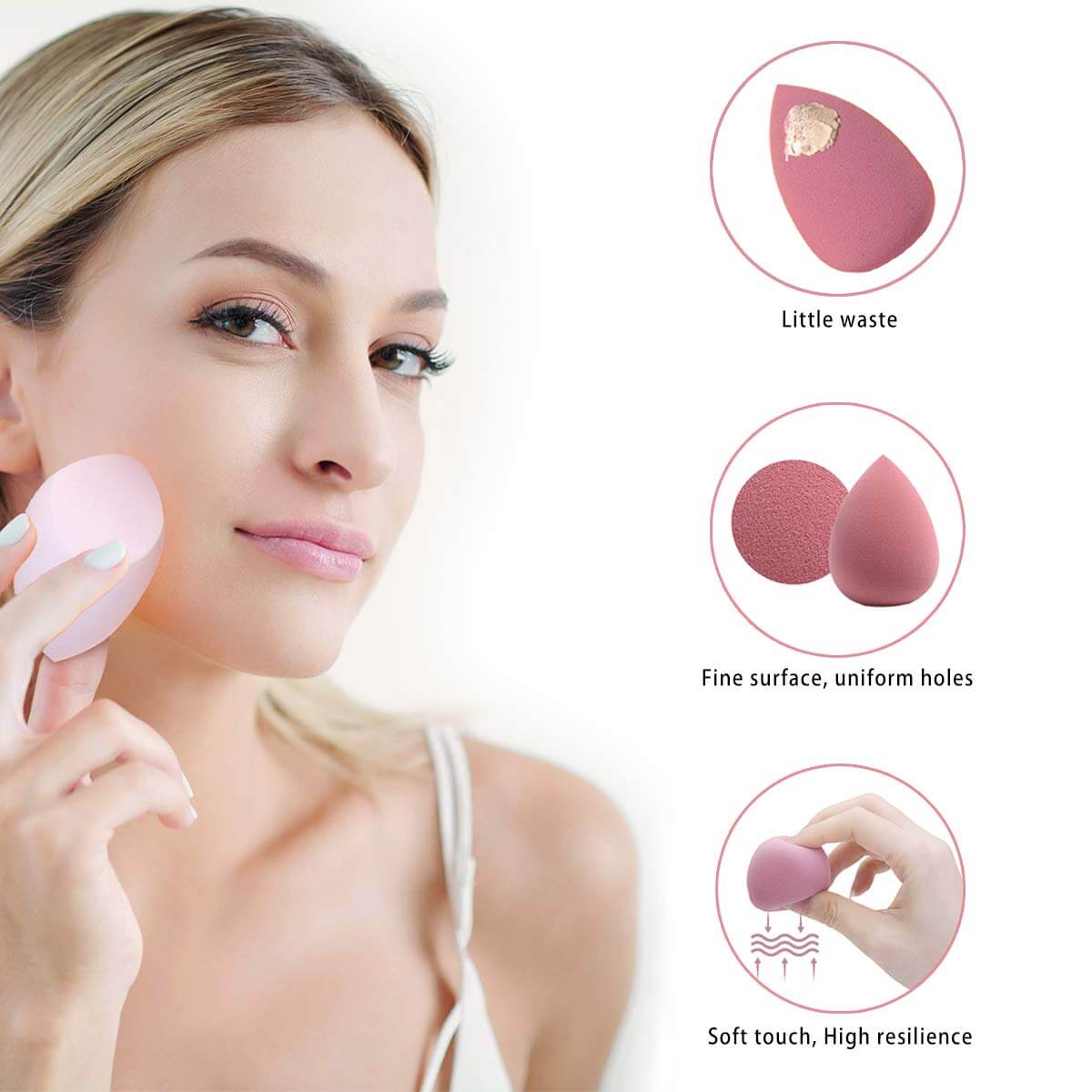 Axiva Makeup Sponge Set – 5-dels Blender Kit featuring makeup application, highlighting soft touch and fine surface.