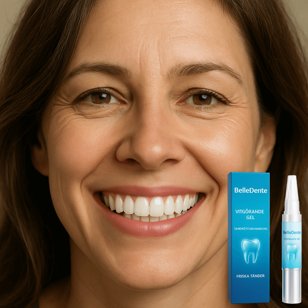 Axiva Upplysande Gel presented with a woman smiling brightly, showcasing healthy teeth and BelleDente packaging.