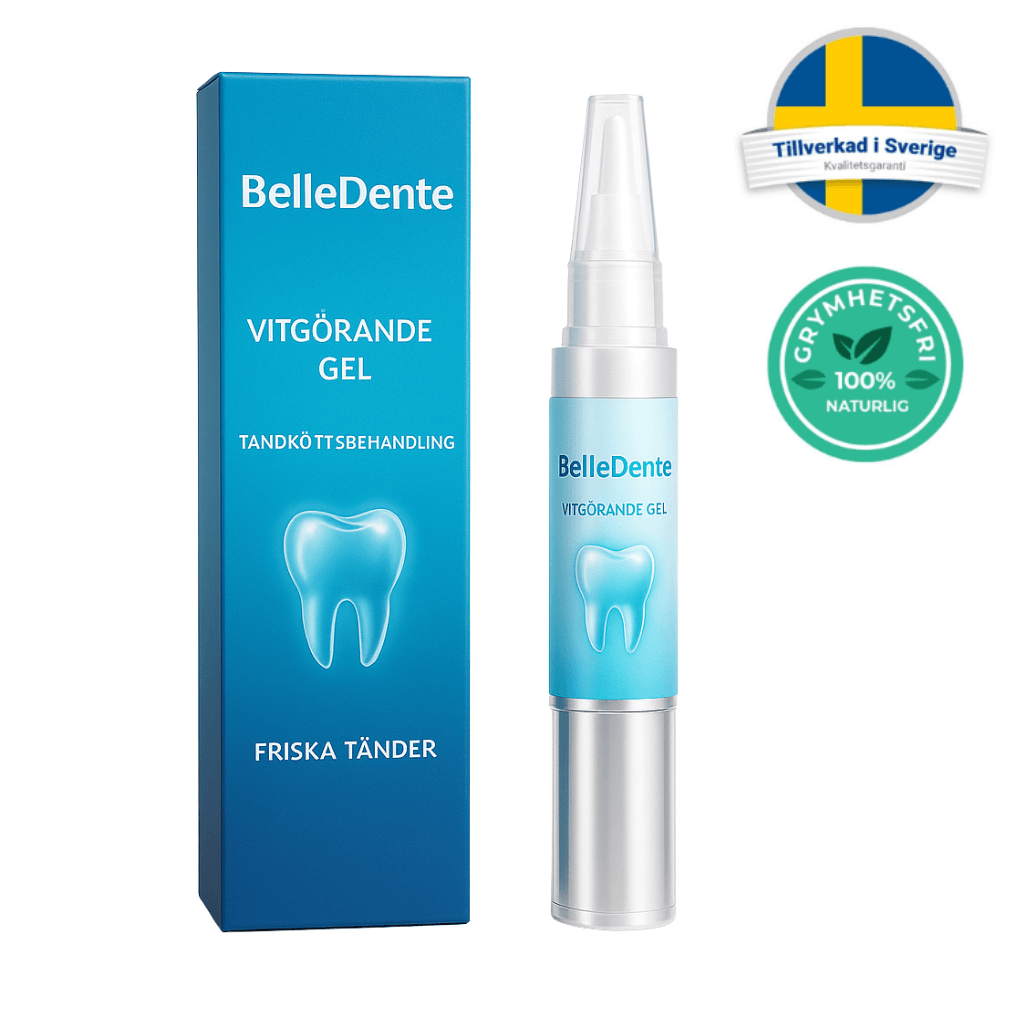 Axiva Upplysande Gel från BelleDente för vitare tänder, lättanvänd applikator, naturlig ingrediens, tillverkad i Sverige.